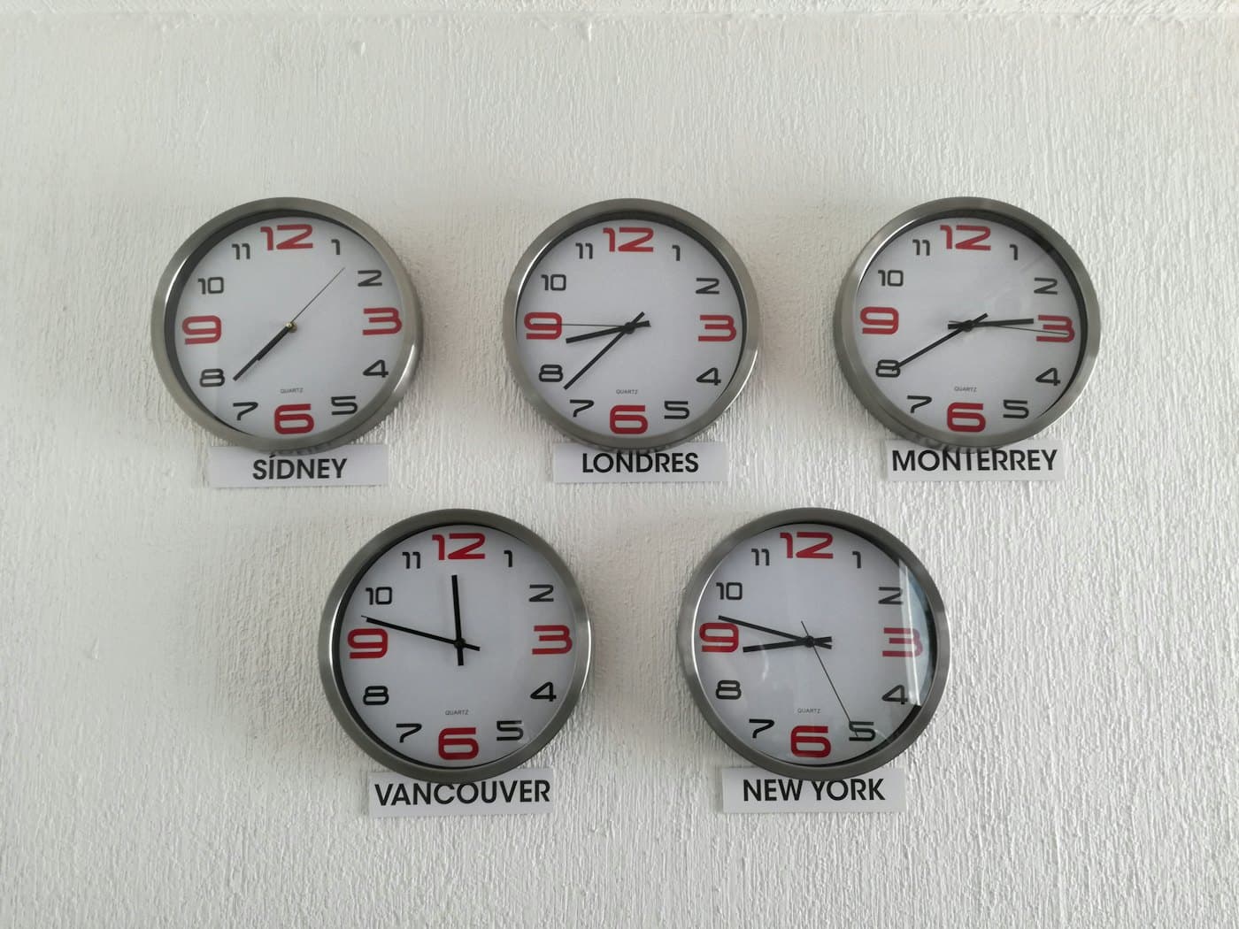 A wall of clocks, each showing a different time