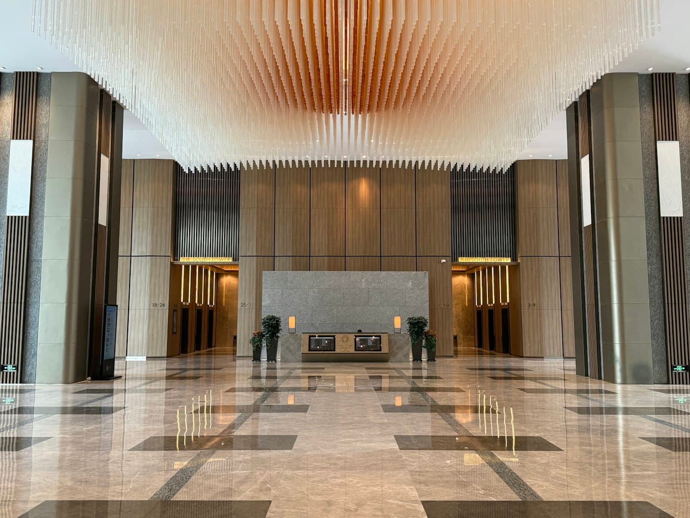 The marble lobby of a corporate headquarters
