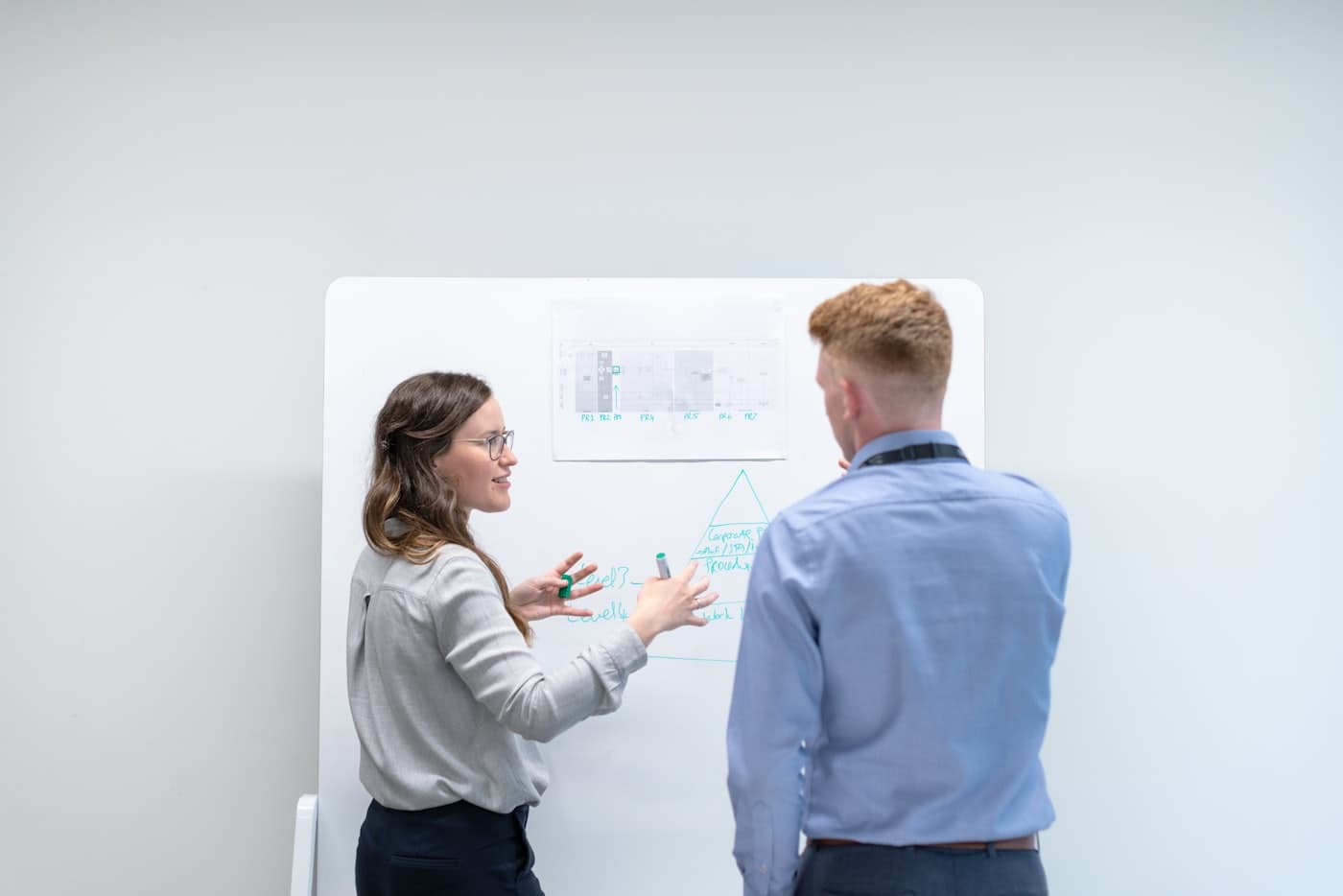 Two colleagues working through a plan at a whiteboard